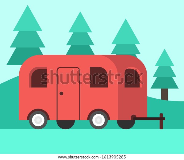 Camper trailer and camping scene. Day\
outdoor landscape. Vector\
illustration.