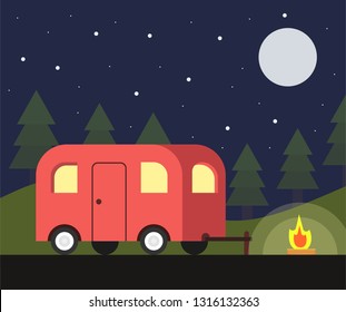Camper trailer and camping scene. Night outdoor landscape. Vector illustration.