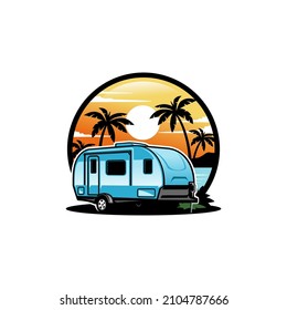 camper trailer, caravan trailer camping in the beach illustration vector	