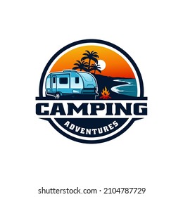 camper trailer, caravan trailer camping in the beach illustration vector	