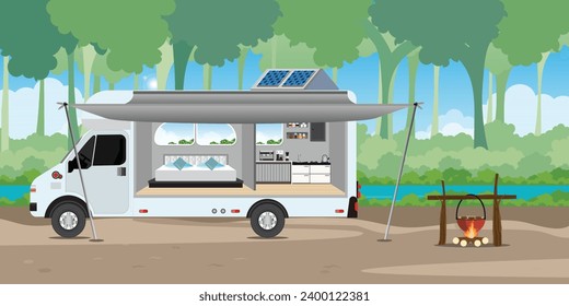 Camper trailer cars in the forest on background. holiday caravans, vans, trailers, motorhomes, camping RV. Mobile auto vehicles for travel, vacation in campsite, vector illustrations.