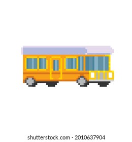 Camper trailer family camping trip. Vehicle, transport and sleeping accommodation, traveling motor home. Pixel art. Old school computer graphic. 8 bit video game. Game assets 8-bit sprite. 16-bit.
