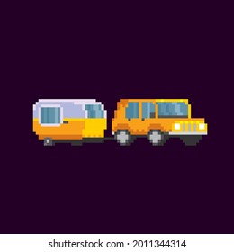 Camper trailer family camping trip. Vehicle, transport and sleeping accommodation, traveling motor home. Pixel art. Old school computer graphic. 8 bit video game. Game assets 8-bit sprite. 16-bit.
