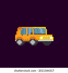 Camper trailer family camping trip. Vehicle, transport and sleeping accommodation, traveling motor home. Pixel art. Old school computer graphic. 8 bit video game. Game assets 8-bit sprite. 16-bit.
