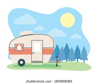 Camper trailer at forest landscape design of caravan trip camp adventure transportation and travel theme Vector illustration