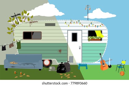 Camper trailer home before and after renovation, EPS 8 vector illustration