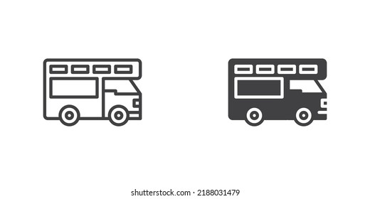 Camper Trailer Icon. Line And Glyph Version, Outline And Filled Vector Sign. Linear And Full Pictogram. Symbol, Logo Illustration. Different Style Icons Set