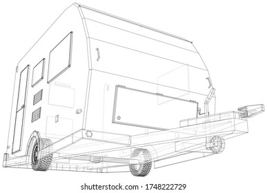 Camper Trailer Isolated. 3D rendering. Wire-frame. The layers of visible and invisible lines are separated. EPS10 format.