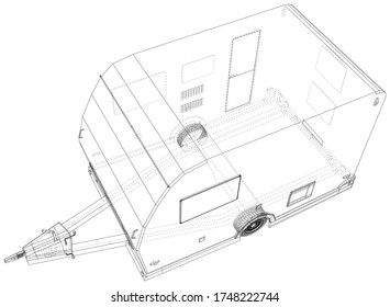 Camper Trailer Isolated. 3D rendering. Wire-frame. The layers of visible and invisible lines are separated. EPS10 format.