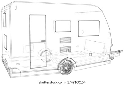 Camper Trailer Isolated. 3D rendering. Wire-frame. The layers of visible and invisible lines are separated. EPS10 format.