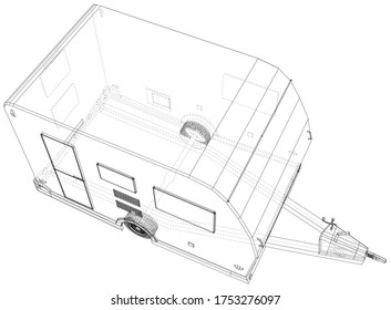 Camper Trailer Isolated. 3D rendering. Wire-frame. The layers of visible and invisible lines are separated. EPS10 format.