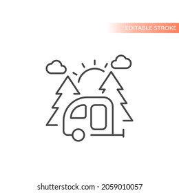Camper trailer in nature with trees and sun. Camping line vector icon, outline caravan.