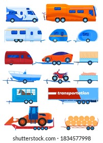 Camper trailer transport vector illustration set. Cartoon flat car bus caravan campervan collection for people tourist passengers transportation, truck vehicle for cargo transporting isolated on white