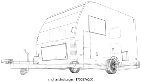 Camper Trailer. Van Caravan Vector illustration. Wire-frame line isolated. Vector rendering of 3d.