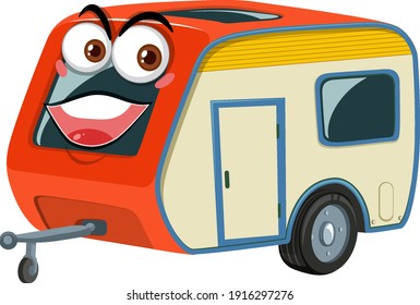 Camper trailers with face expression cartoon character on white background illustration