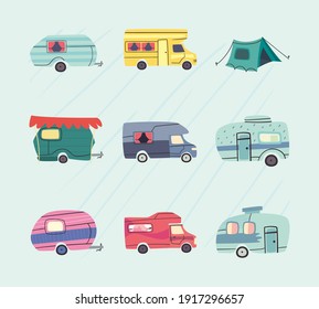 Camper trailers icon collection design of caravan trip camp adventure transportation and travel theme Vector illustration