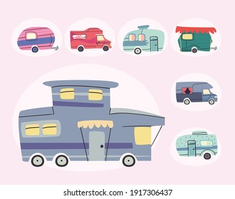 Camper trailers icon group design of caravan trip camp adventure transportation and travel theme Vector illustration