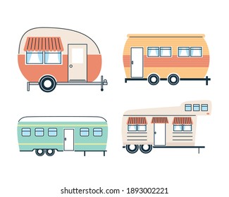 Camper trailers icon set design of caravan trip camp adventure transportation and travel theme Vector illustration