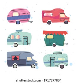 Camper Trailers Icon Set Design Of Caravan Trip Camp Adventure Transportation And Travel Theme Vector Illustration