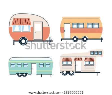 Camper trailers icon set design of caravan trip camp adventure transportation and travel theme Vector illustration