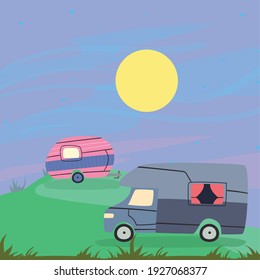 remolques de camper en el diseño nocturno de caravana viaje campamento de aventura transporte y tema de viaje Ilustración vectorial