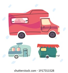 Camper trailers set design of caravan trip camp adventure transportation and travel theme Vector illustration