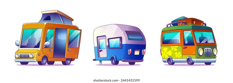Camper trailers set isolated on white background. Vector cartoon illustration of retro vans with luggage on cabin, house on wheels for summer vacation travel and camping, contemporary style transport