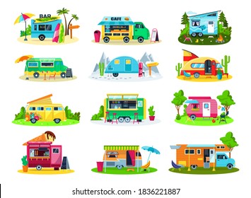 Camper trailers, travel house, camping vehicles icon set of vector illustrations. Trailers and hindcarriages for tourism and vacation, tourists vans, caravans and trucks. Recreation camp transport.