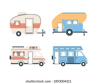 Camper trailers and vans icon collection design of caravan trip camp adventure transportation and travel theme Vector illustration