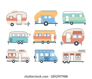 Camper-Anhänger und Lieferwagen Icon Set Design Caravan Trip Camp Abenteuer Transport und Reise Thema Vektorgrafik