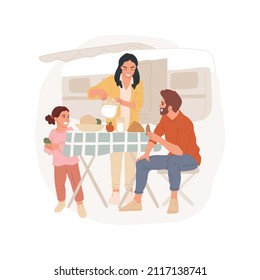 Camper Travel Abstract Concept Vector Illustration. Family Sitting At The Folding Table Near The Motorhome, Eating Lunch, Parking In Nature, Travelling By Camper Van, Holiday Abstract Metaphor.