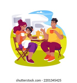 Camper Travel Isolated Cartoon Vector Illustration. Family Sitting At The Folding Table Near The Motorhome, Eating Lunch, Parking In Nature, Travelling By Camper Van, Holiday Vector Cartoon.