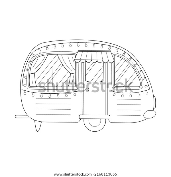 Camper, travel\
mobile home or retro caravan trailer. Car for travel, caravanning,\
camping, hiking and motorhomes. Flat vector illustration isolated\
on white background.
