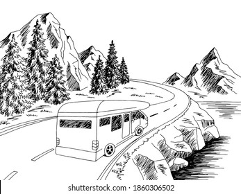 Camper travel road graphic black white landscape sketch illustration vector