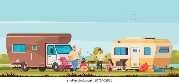 Camper And Travel Trailer Vacationers Families Grilling Meat Barbecuing Together In Caravan Park Cartoon Composition Vector Illustration