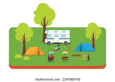 Camper and travel trailer vacationers families 2d vector illustration concept for banner, website, illustration, landing page, flyer, etc