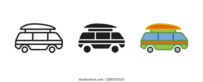 Camper travel van icon. Road adventure vector illustration. Recreational vehicle RV symbol. Motorhome tourism sign. Outdoor camping lifestyle concept. Vacation journey graphic.