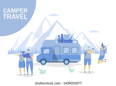 Camper travel vector flat style design illustration. Caravan camping, summer vacation concept with camper trailer and characters for web banner, website page etc.