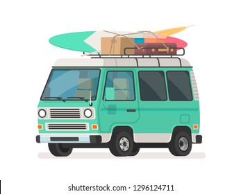 Camper trip van . Tourist minivan with luggage. Car for summer road travel. Vector illustration in cartoon style