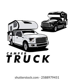 camper truck illustration design logo black and white vector	