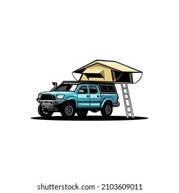 camper truck with roof top tent illustration vector