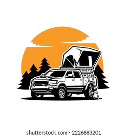 camper truck with roof top tent illustration logo vector