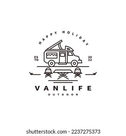 camper van badges logo with line art style, chair, table and vehicle vector illustration