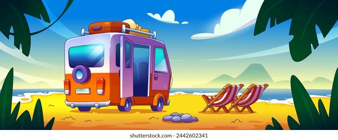 Wohnmobil mit Gepäck auf dem Dach und offener Tür, die auf Meer- oder Meersandstrand steht, mit ein paar Liegestühlen und Palmen. Cartoon Sommervektor mit Familien Anhänger Bus für Reise und Campingplatz.