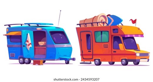 Camper van with baggage on top and open door for family travel concept. Cartoon vector set of caravan car and motorhome for summer recreational vacation. Vintage rv trailer vehicle for trip.