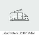 Camper van with bed in the pop-top roof vector line icon