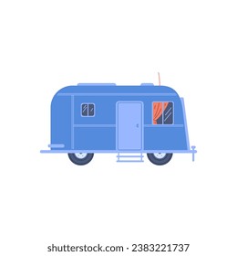 Camper van blue trailer. Transportable hindcarriage for road travel, journey vector isolated illustration. Mobile auto cabin house on wheels with door, windows. Outdoor summer RV leisure