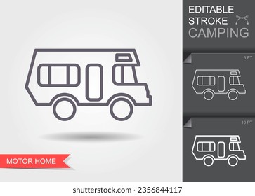 Camper van. Camping car icon. Outline icon with editable stroke. Linear symbol of camping with shadow. Vector Illustration