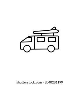 camper van car in flat black line style, isolated on white background 