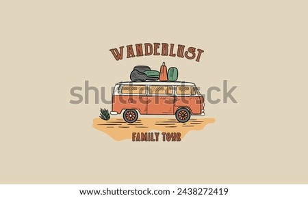 camper van car logo design with emblem style, Family Tour logo hand drawn